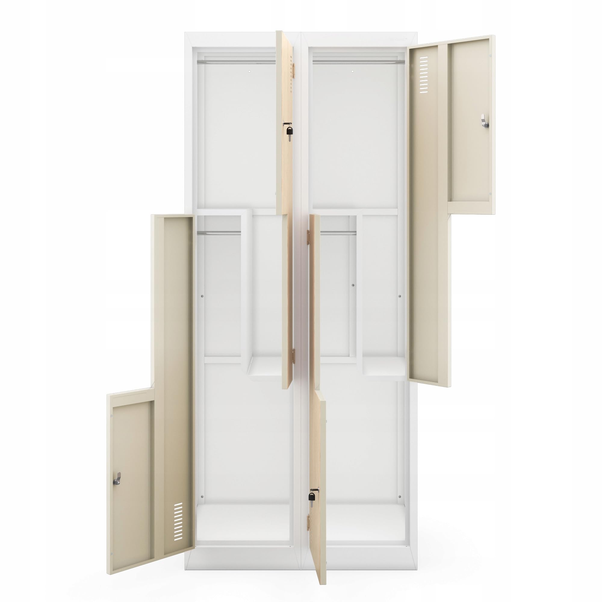 Jan Nowak Umkleideschrank Z02 Spind mit 4 Abteilen Kleiderspind Metallschrank Flügeltür Lüftungsschlitzen Pulverbeschichtung 185 cm x 80 cm x 45 cm (Weiß-Holz)