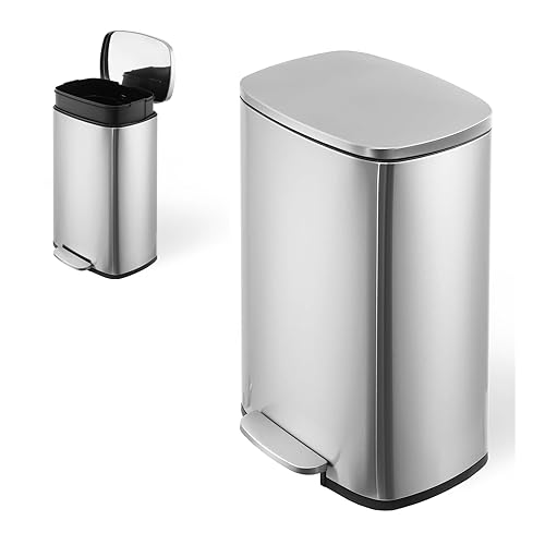 Basurero de cocina de 50 L13 galones, cubo de basura de acero inoxidable con pedal de acero de un solo compartimento, tapa y cubos interiores,