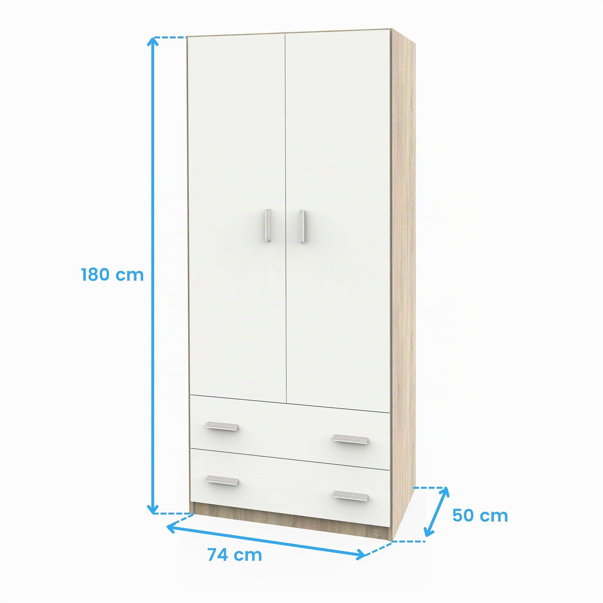 Miroytengo Armario Ropero Juvenil Turin Dormitorio 2 Puertas 2 Cajones Roble Cambrian y Blanco Mate 74x180x50 cm