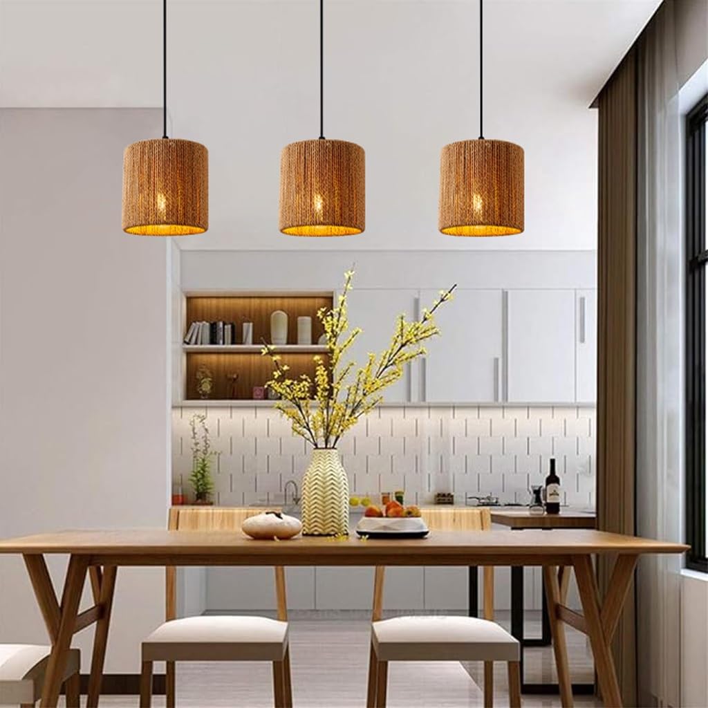 Pendelleuchte Mit Rattan-Schirm – 2er Set, Handgeflochten, Höhenverstellbar, Küstenbraun