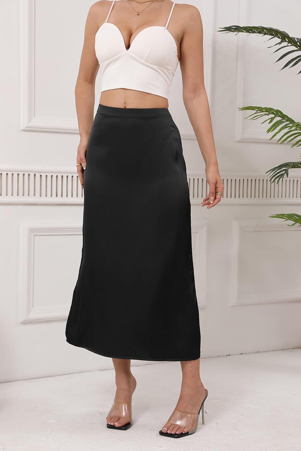Women's Satin Midi Skirt Dressy Elastic High Waisted Silk Slip Flowy Ruffle Flared Cocktail Party Work A Line Skirts - Image 5