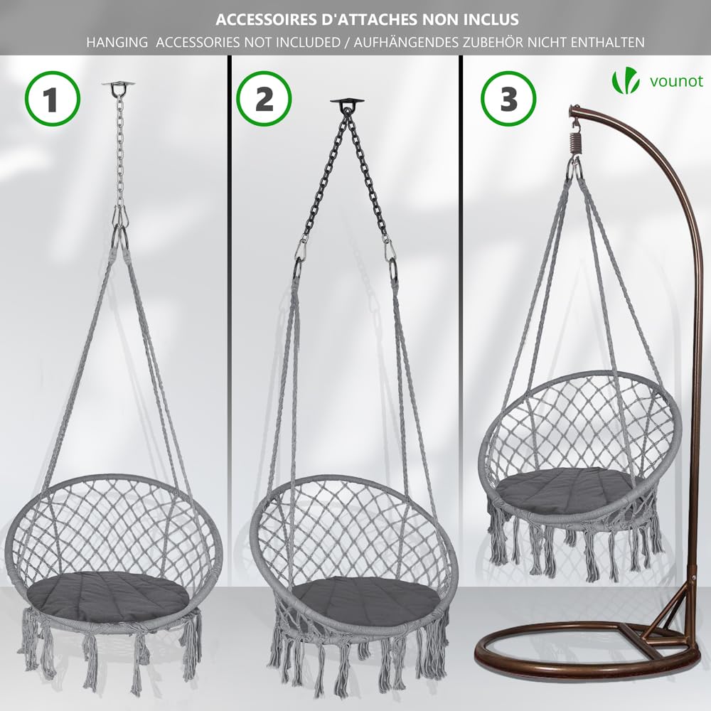 VOUNOT Hängesessel mit Fransen und bequemen Sitzkissen, Durchmesser 80 cm, Schaukelstuhl für Innen- und Außenbereich, Hängesitz, Dunkelgrau