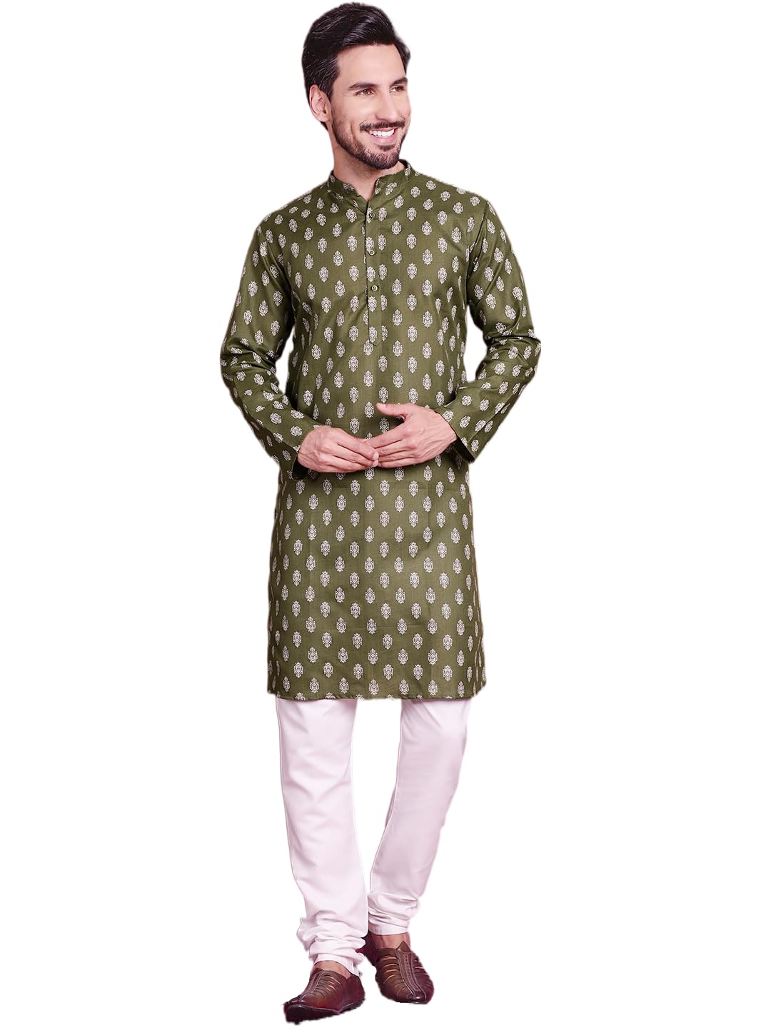 jompers Olive Floral Printed Kurta with Pyjama for Men (Olive, XL)-picture-13