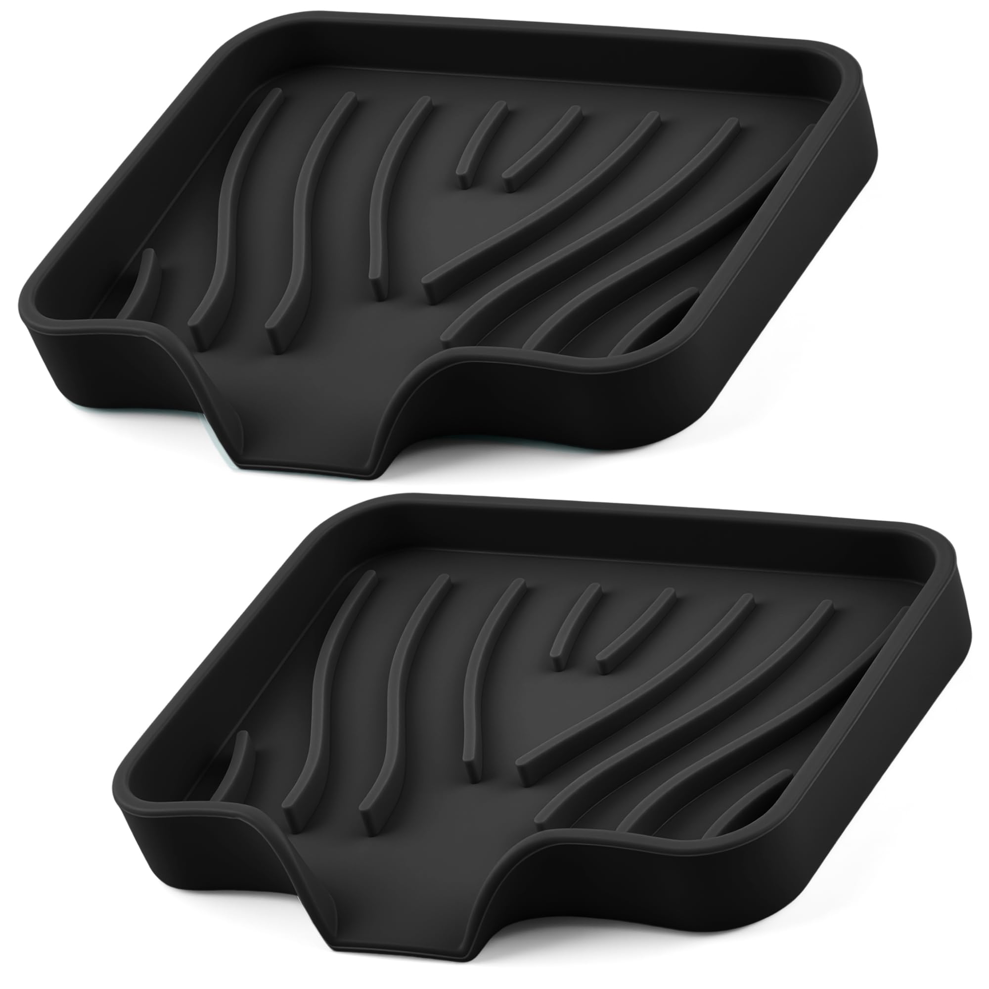 Silicone Soap Dish with Drain Spouts, Bar Soap Holder, Self-Draining Sink Organizer Kitchen Sponge Tray, Non-Slip Dispensers for Bathroom, Kitchen (Black, 2 Short)