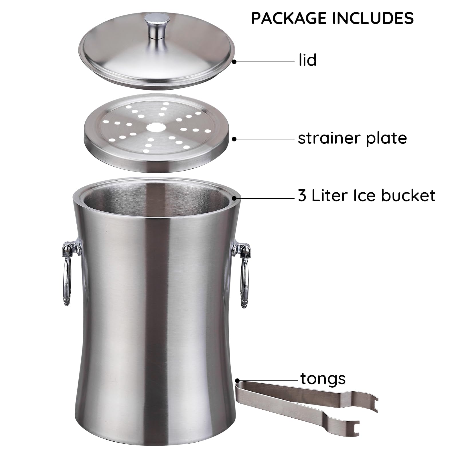 Eiseimer mit Deckel und zange Premium Eiskübel als Eiswürfelbehälter Ice Bucket,Eiskübel-Set, 3 l, doppelwandig, Edelstahl,für Sekt, Cocktailbar, Parties & Outdoor
