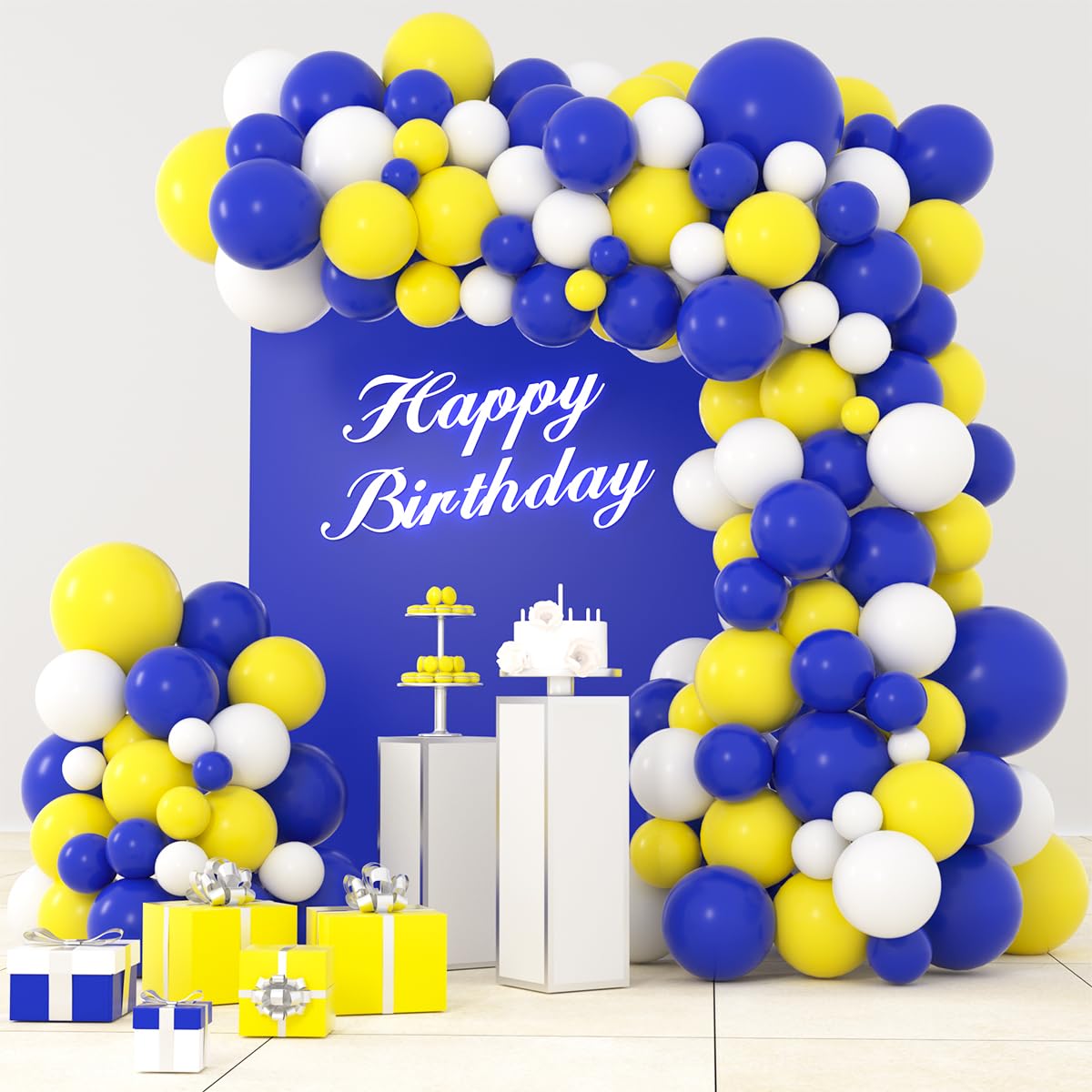 Navy Blue Yellow White Balloon Arch Garland Kit, 122PCS Dark Blue and Yellow Balloons White Balloons for Wedding Retirement Christmas 2025 Graduation