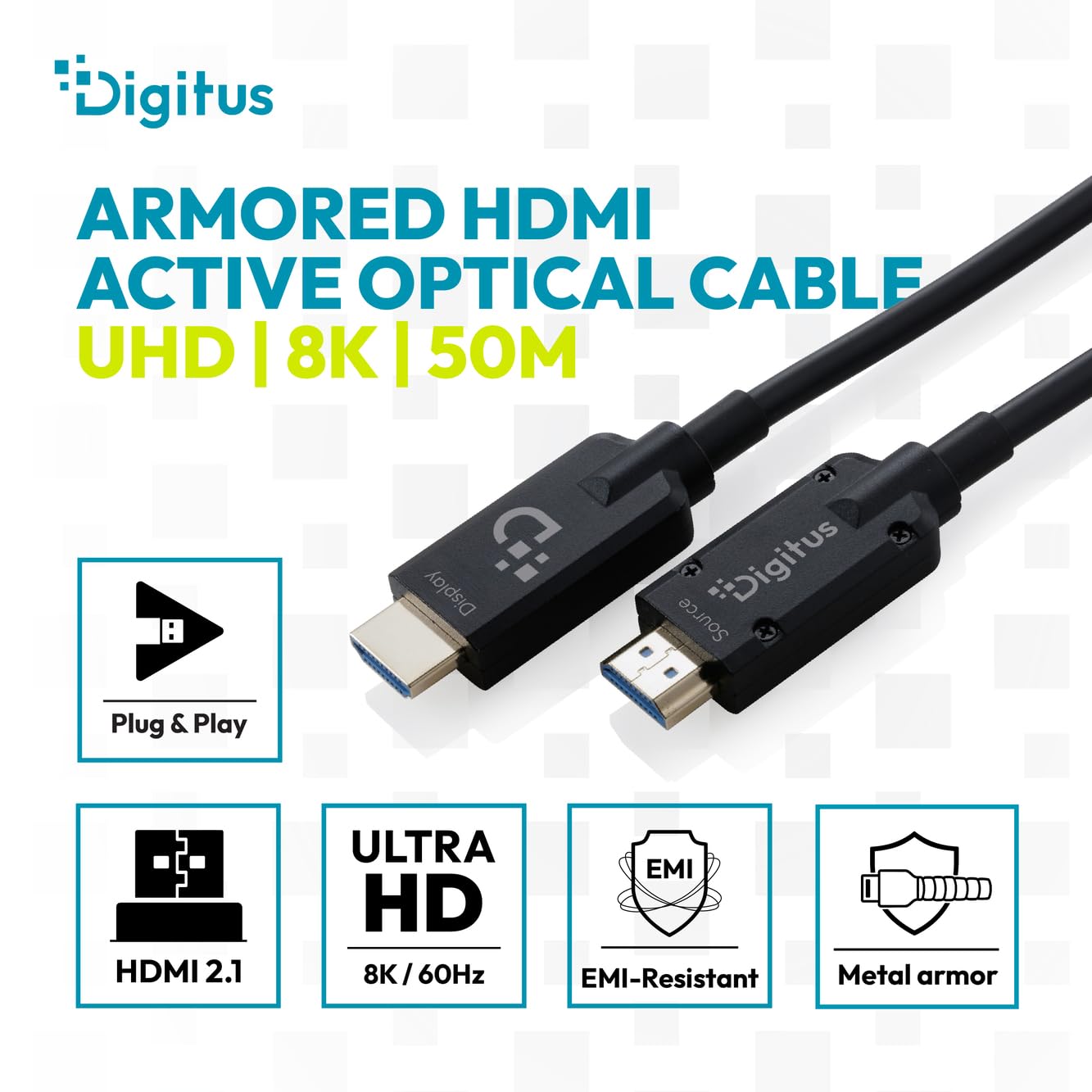 DIGITUS Cable HDMI de fibra óptica – 50 m – UHD 8k 60 Hz, 4k 120 Hz