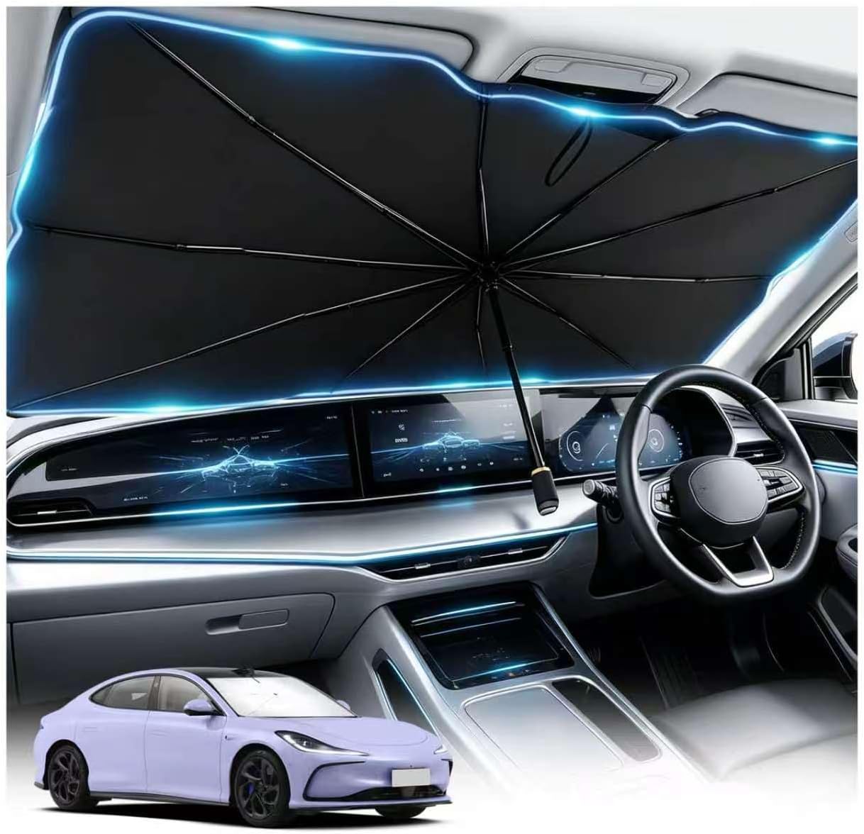 Car Windshield Sun Shade Umbrella,Titanium Silver Windshield Umbrella Sun Shade for Car with Storage Pouch,Heat-Blocking Front Window Suns Shades for Cars with Foldable Design