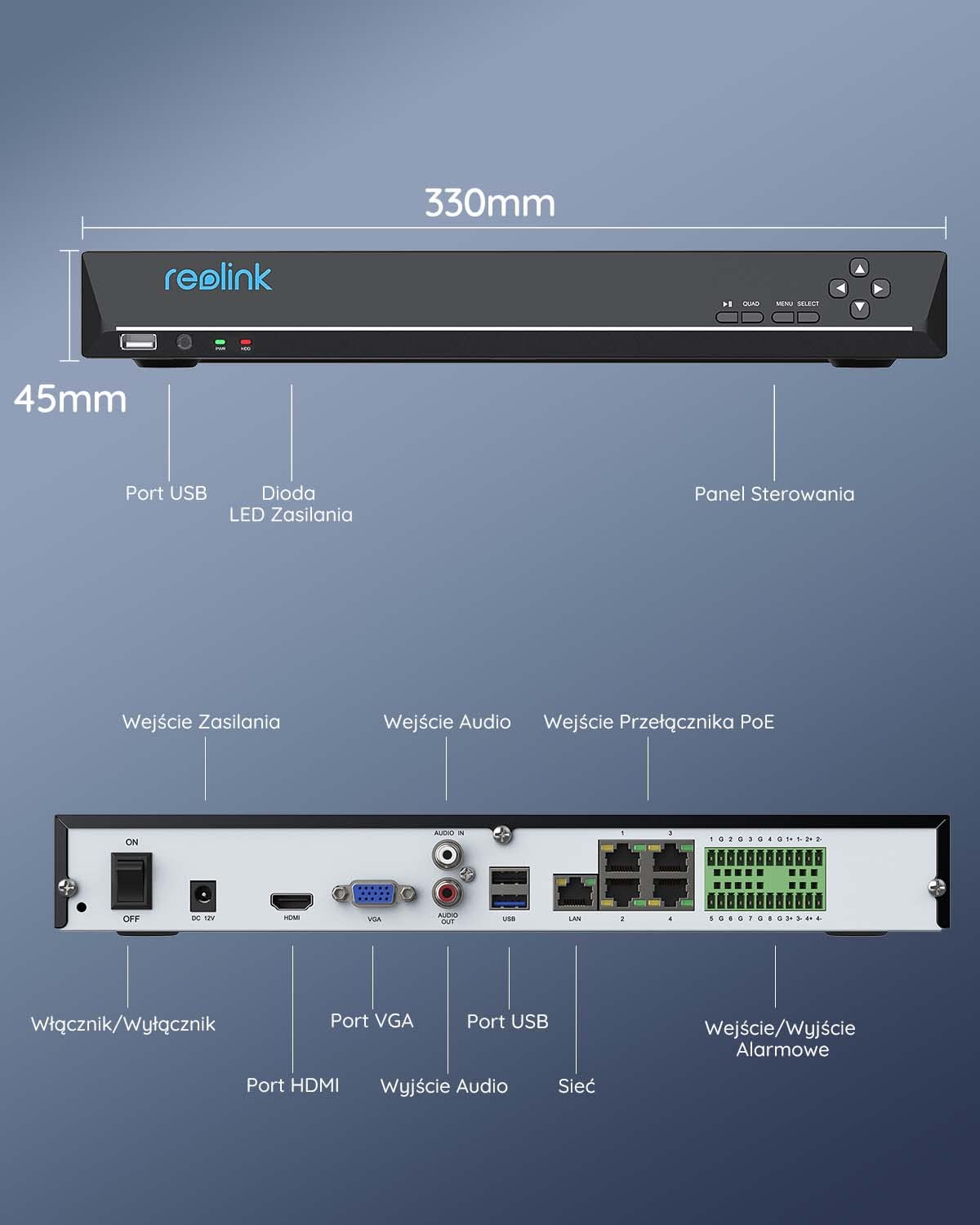 Reolink 12MP NVR 36-kanałowy system CCTV, 3 sloty na dyski twarde, brak w zestawie, obsługa kamer IP 12MP/4K/5MP/4MP HD Reolink Nagrywanie monitoring 24/7, zintegrowany system alarmowy O/I, RLN36