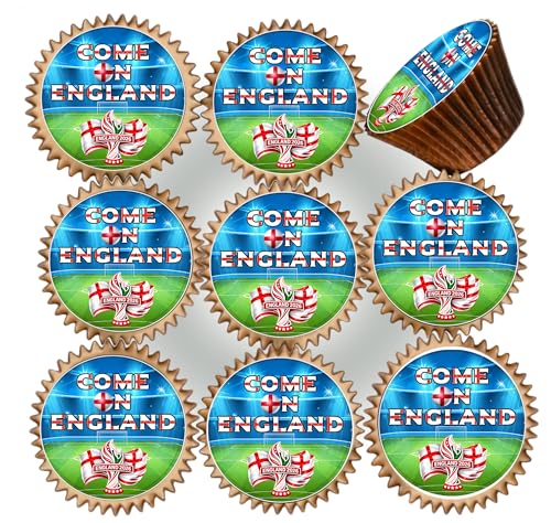 Image of 40 x PRE CUT WORLD CUP 2026 COME ON ENGLAND FOOTBALL EDIBLE WAFER CARD RICE PAPER 3.8 cms CUPCAKE TOPPERS DECORATIONS WCF26-3