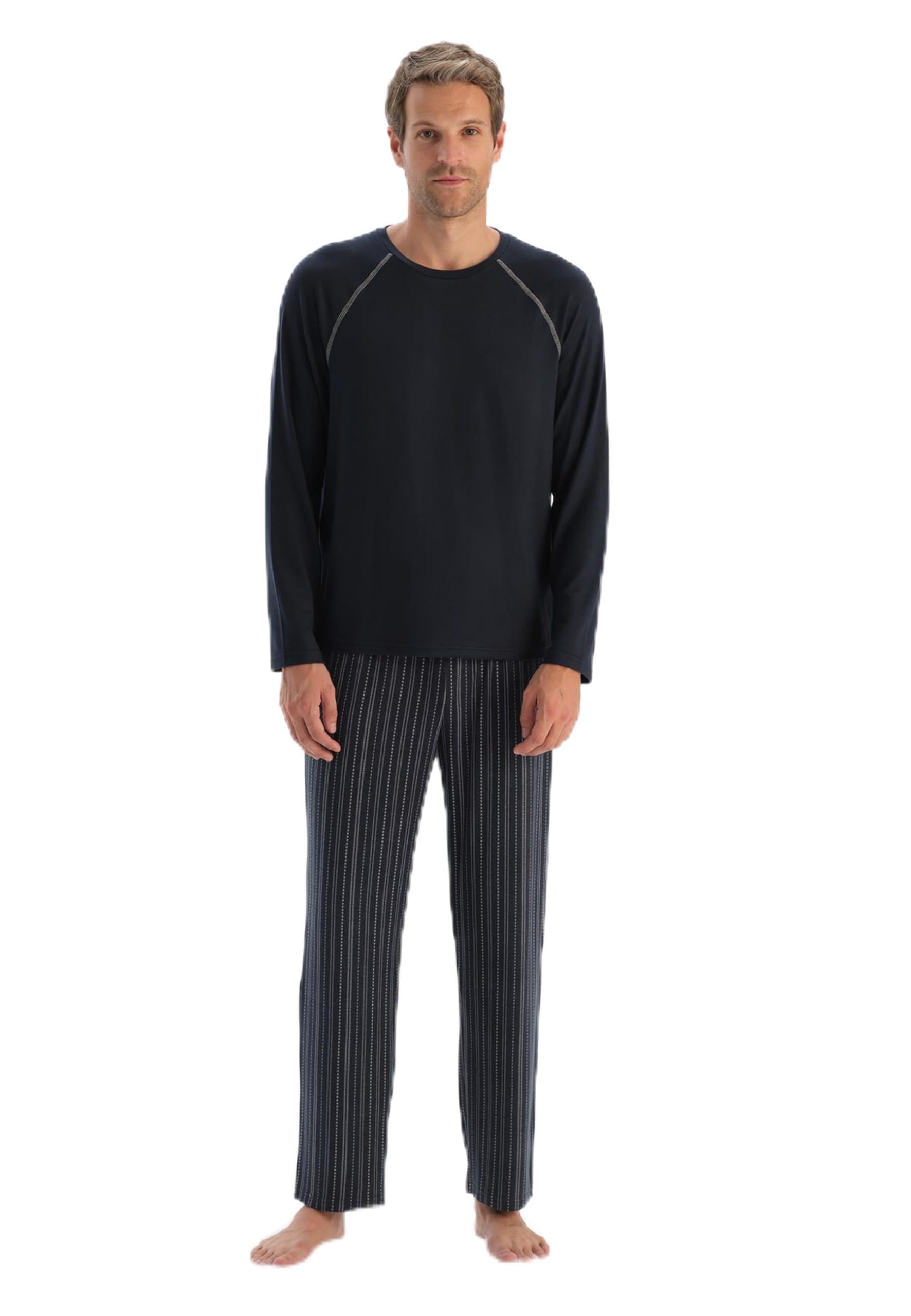 Dagi Men's Raglan Sleeve Detailed Pajama Set, Navy, M