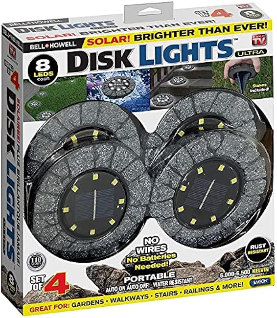 Bell+Howell Disk Lights Solar Ground Lights Stone Dark Gray 8 LED Bulbs Solar 4 Packs