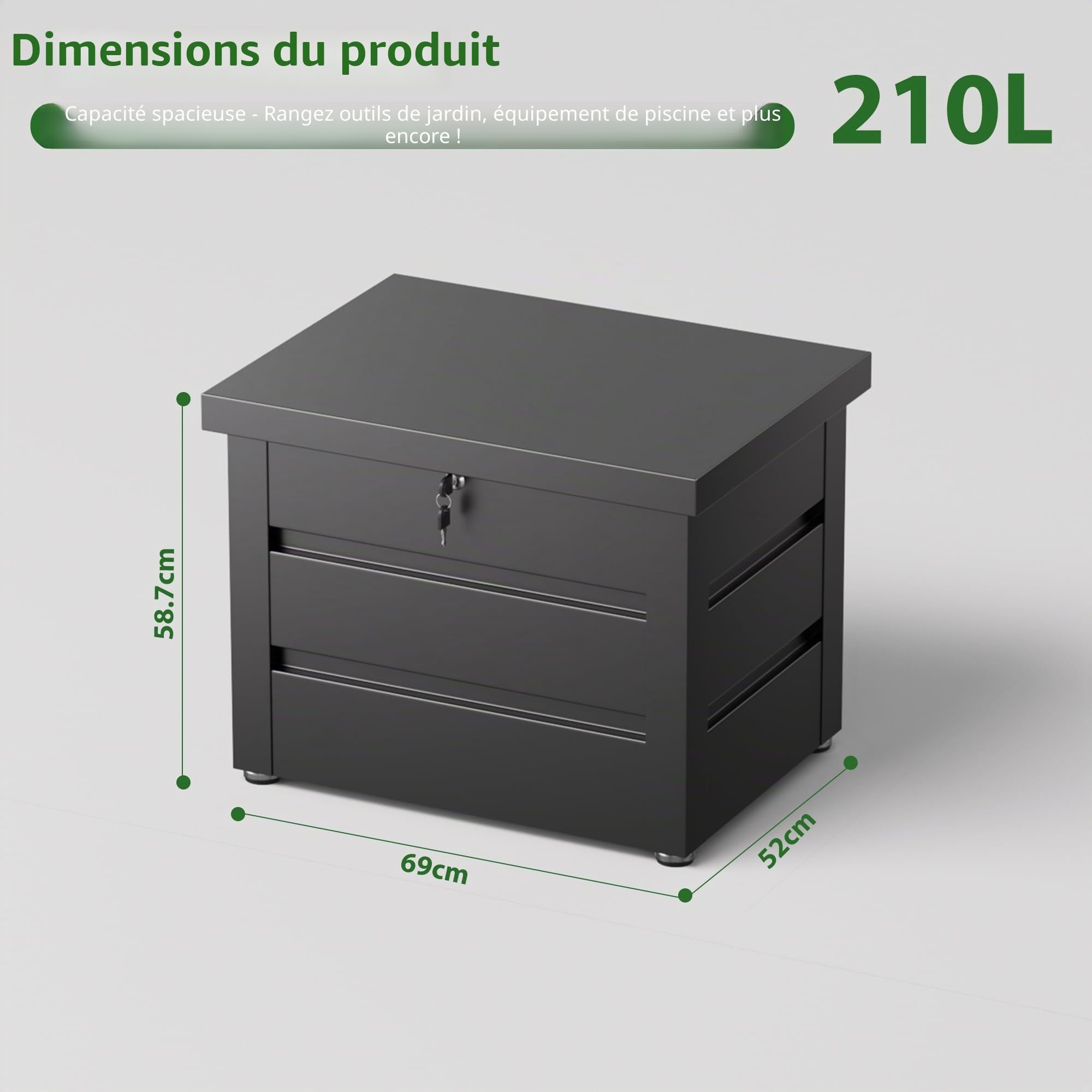 Coffre de jardin en métal noir 210 l - Coffre à coussins d'extérieur pour le jardin avec revêtement résistant à la rouille - Boîte de rangement d'extérieur étanche pour coussins - 70 x 52 x