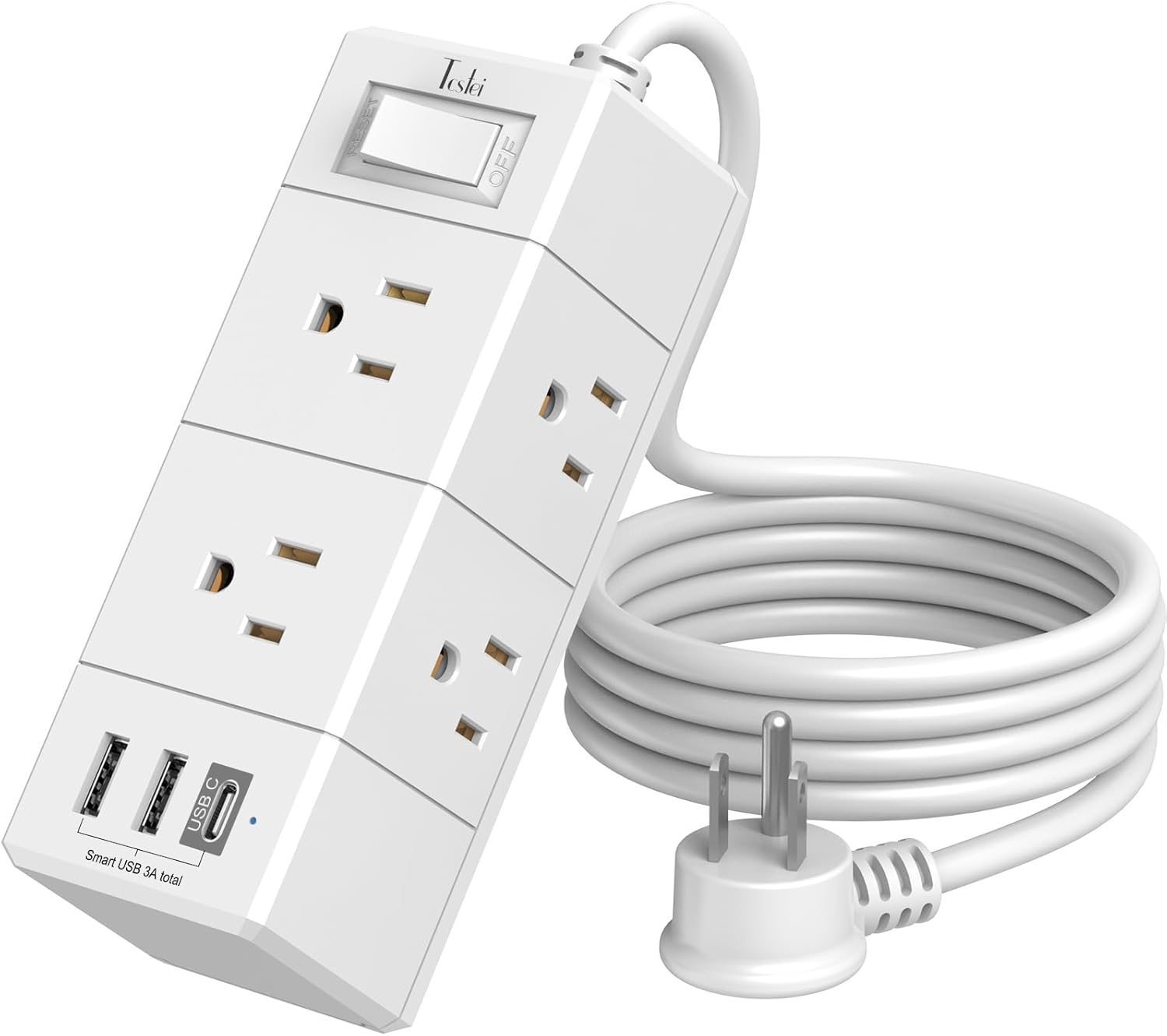 5Ft Outlet Extender Power Strip – Tcstei Flat Plug Extension Cord with 6 Outlets and 4 USB Ports(1 USB C), 3 Side Wall Mount Outlet Extender for Home Dorm Room Essentials, ETL Listed, White