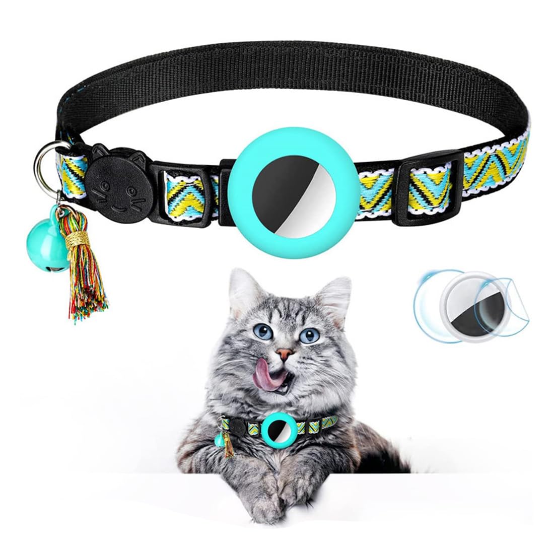 ZKSXOA Airtag Collar para Gatos, Ajustable Antiahogo Reflectante Air Tag Collar, Reflectante Collar para Gato con patrón Reflectante de Estrellas y Luna (Amarillo Verde)