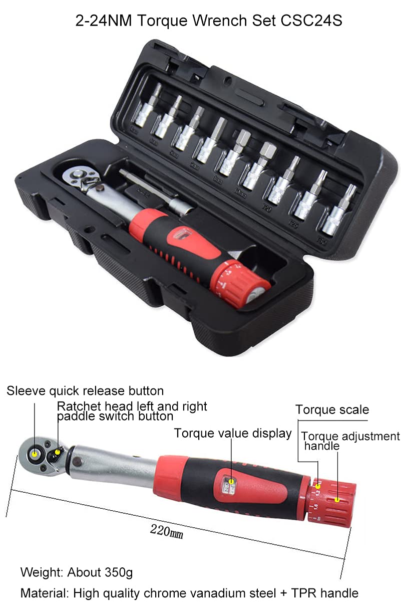 POFET Llave dinamométrica para bicicleta y motocicleta 1/4 "Socket Set 2-24Nm Kit de herramientas de reparación de par adaptador de par llave tubular (rojo)