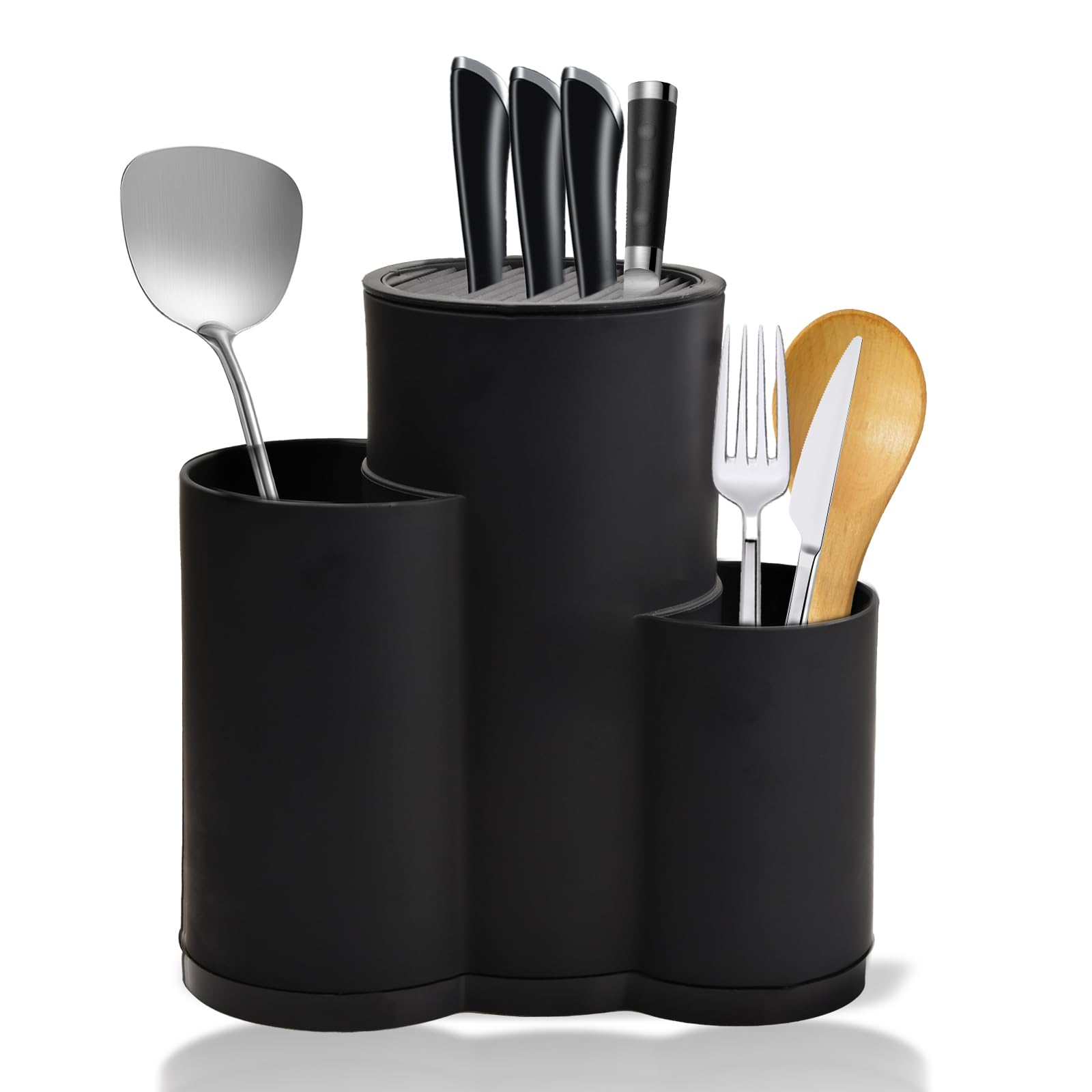 Universal Kitchen Knife Holder Block, 3 in 1 Black Round Plastic Knives and Utensil Holder, Space Saving Knife Storage Block Without Knives Detachable Knife Stand for Countertop