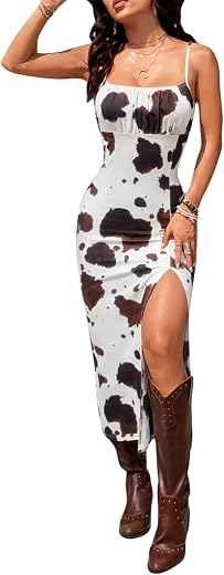 Verdusa Women's Cowgirl Dress Western Outfit Boho Bodycon Long Slit Thigh Cami Dresses