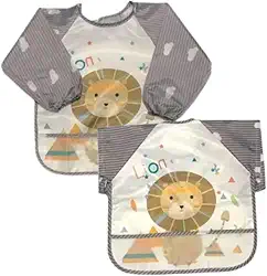 Babador Avental Impermeável Tecido Molinho Manga Longa BlW e Manga Curta com Coletor Migalhas Kit 2Unds Leão