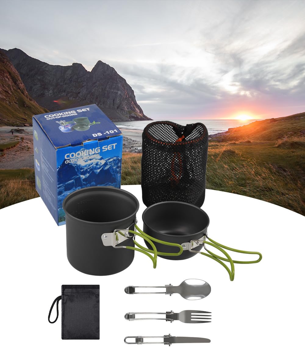 JIAOLUOLI Outdoor Set of pots for 1-2 Persons Camping Cookware Backpacking Stove Mess Kit – Camping Cooking Set - Camping Pots and Pans Set - Camping Accessories Equipment (Green)