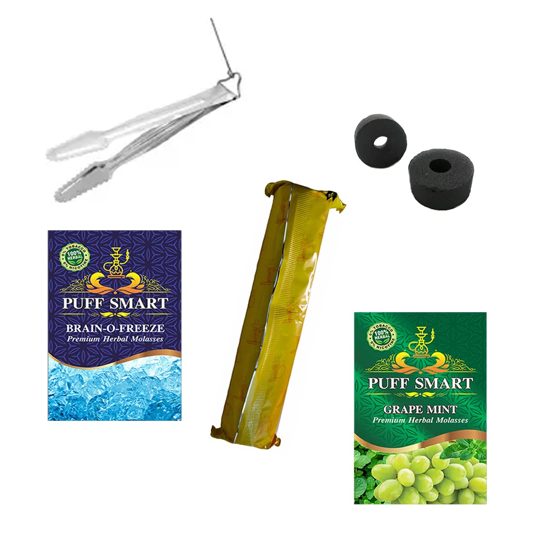 PUFF SMART Premium Herbal Flavors Grape Mint, Brain-O-Freeze, Tong And 1 Polo Quick Light Charcoal Combo (100% Tobacco and Nicotine Free)