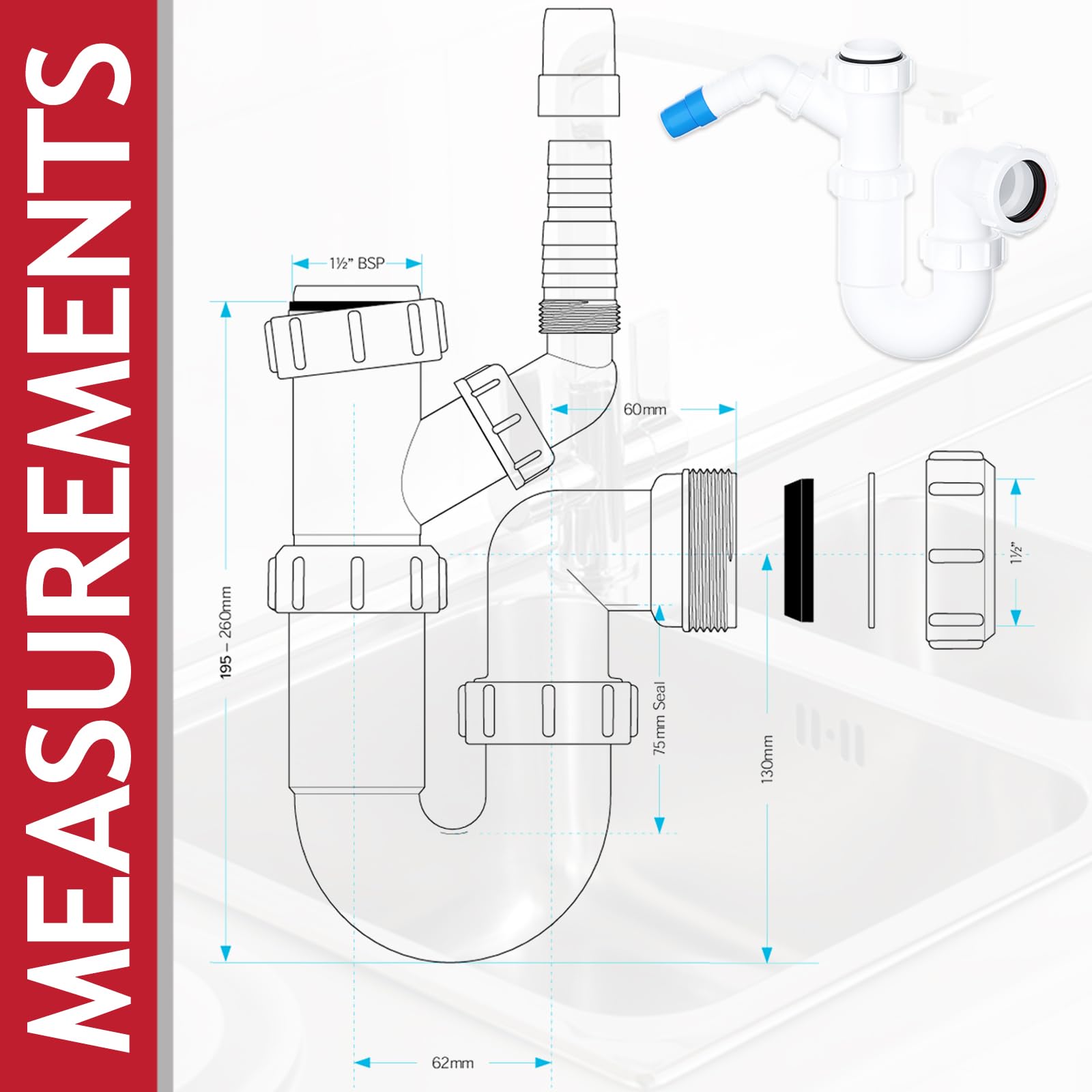 SPARES2GO 40mm Telescopic Sink Trap Kitchen Washing Machine Dishwasher 75mm Seal Water Discharge Kit, White - Image 2