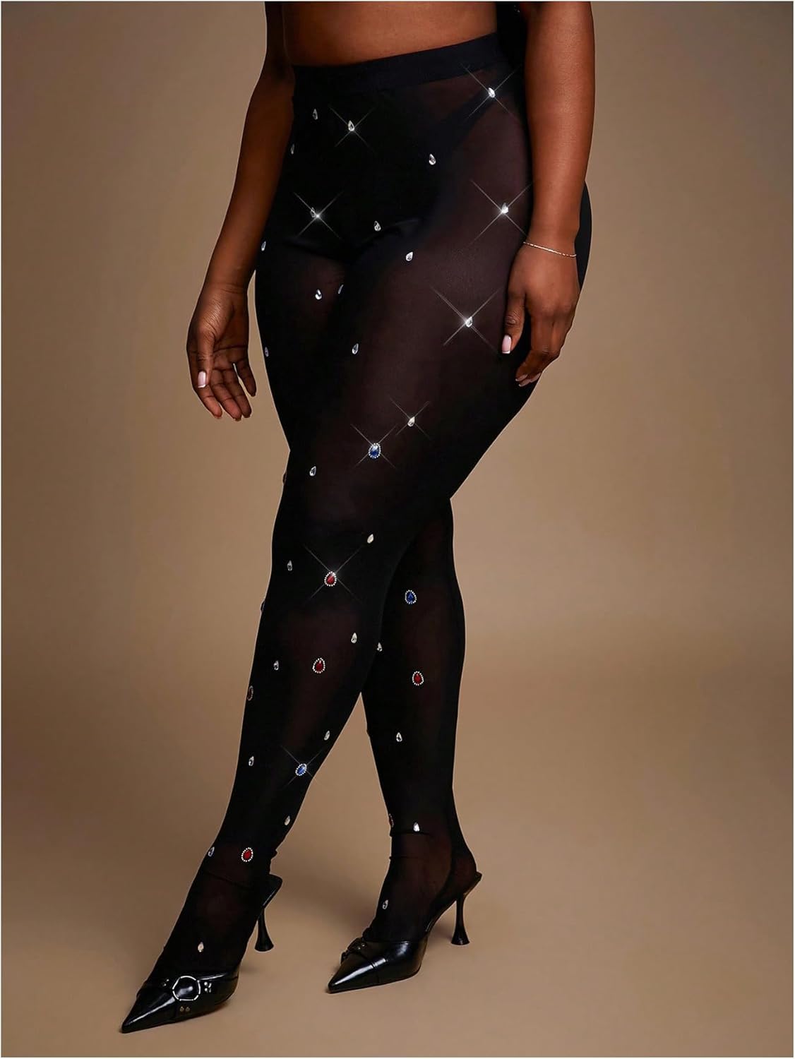SOLY HUX Women's Plus Size Rhinestone Mesh Sheer Leggings High Waisted Tights Skinny Party Club Pants - Image 2