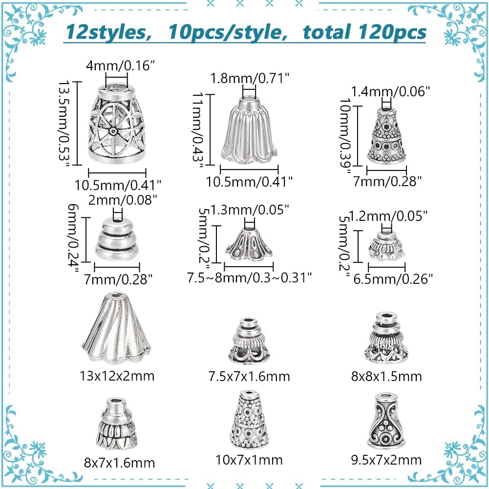 PH PandaHall 120pcs 12 Styles Bead Caps, Flower Cone End Cap Alloy Bead Cap Bails End Charm Caps Spacer Beads for Earring Bracelets Necklace Jewelry DIY Crafts Making, Antique Silver