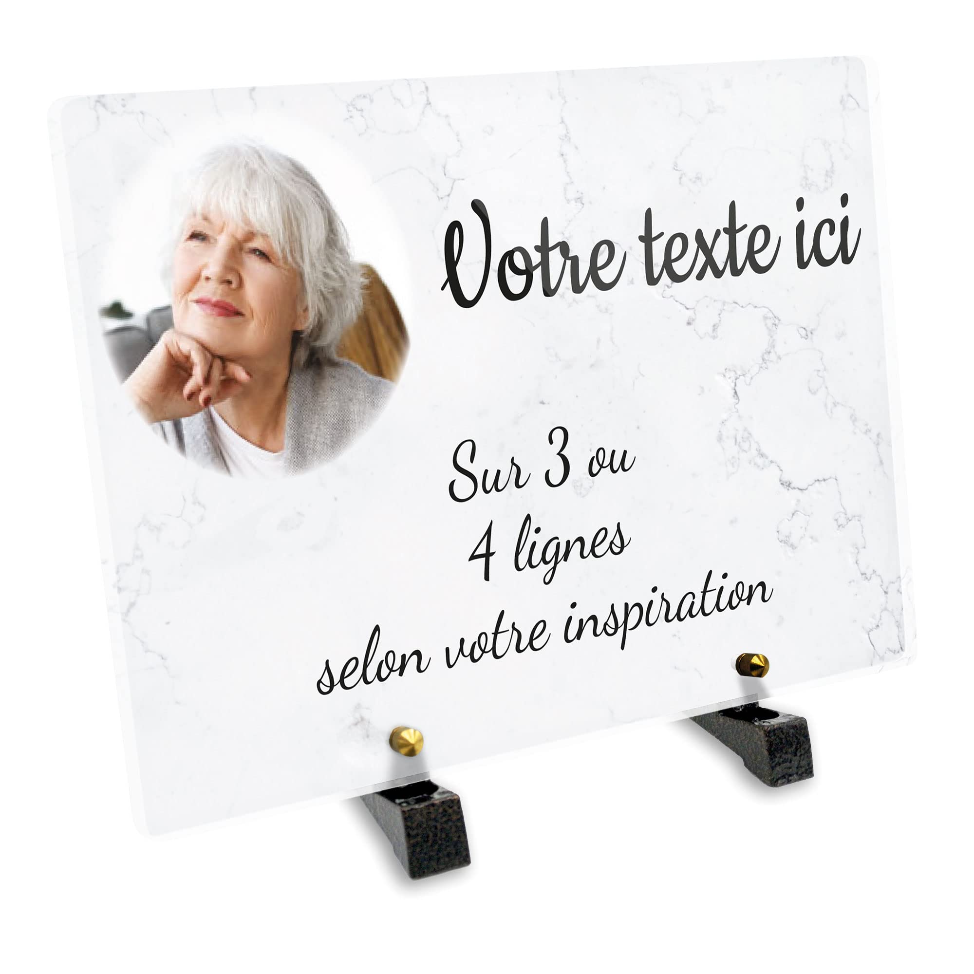 Targa funeraria rettangolare con foto in plessi, motivo marmo, diverse dimensioni, spessore 6 mm, personalizzata su più righe, 30 x 20 cm