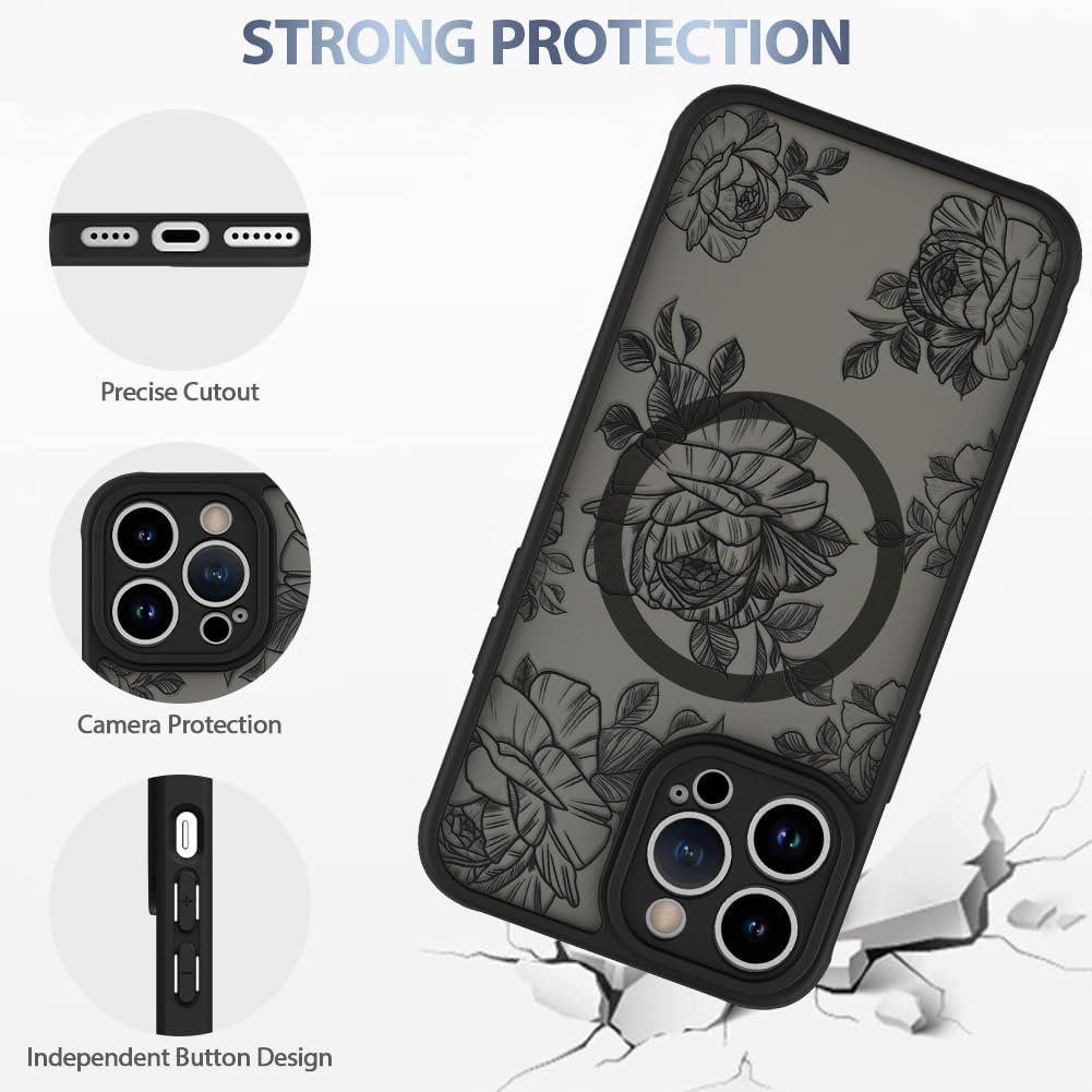 AIGOMARA Case for iPhone 12 Pro Max [Compatible with MagSafe] Black Flower image 4
