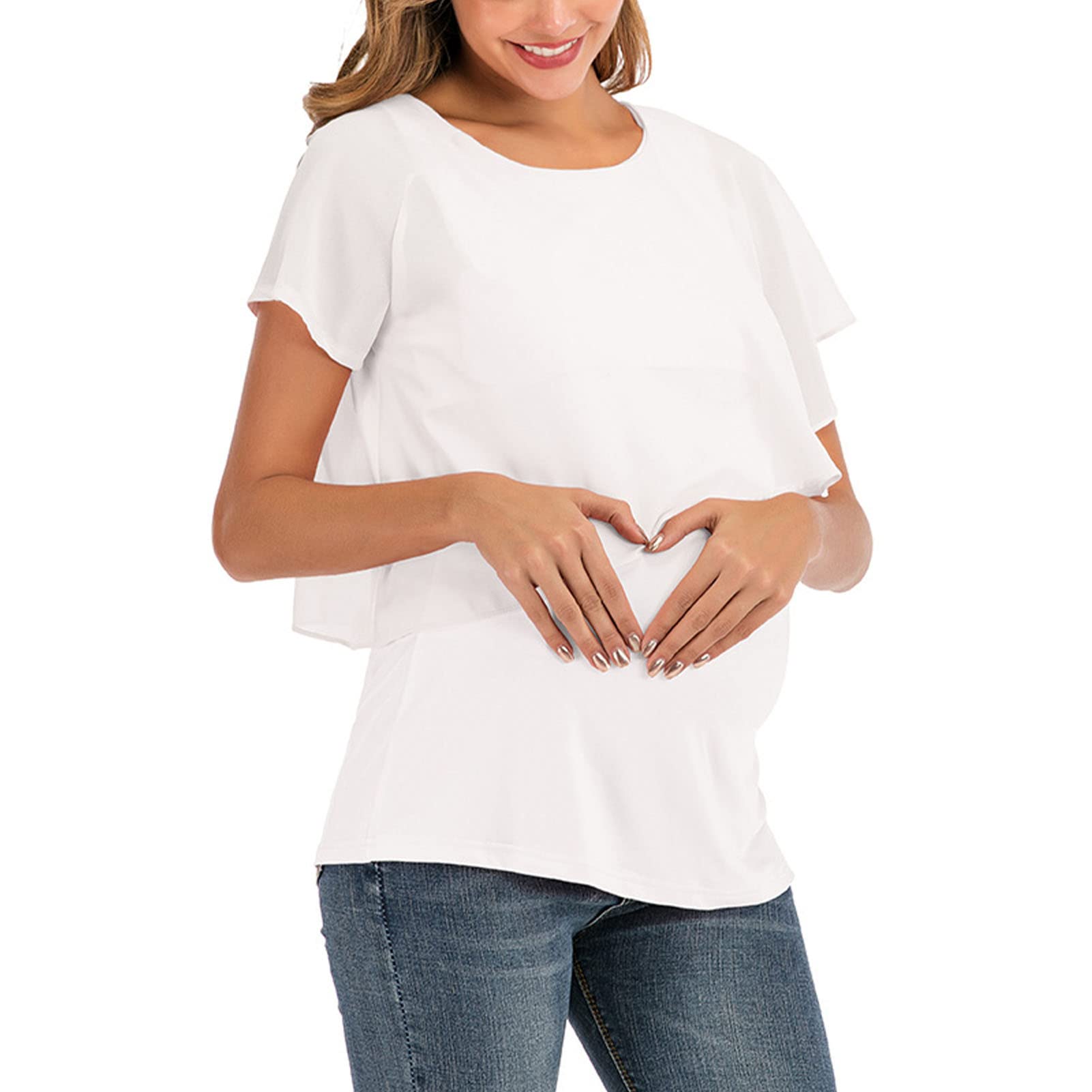 SorazMaternity Nursing Top, Color Round Neck Women Maternity Nursing Top Asymmetrical Sleeve for Summer (M)