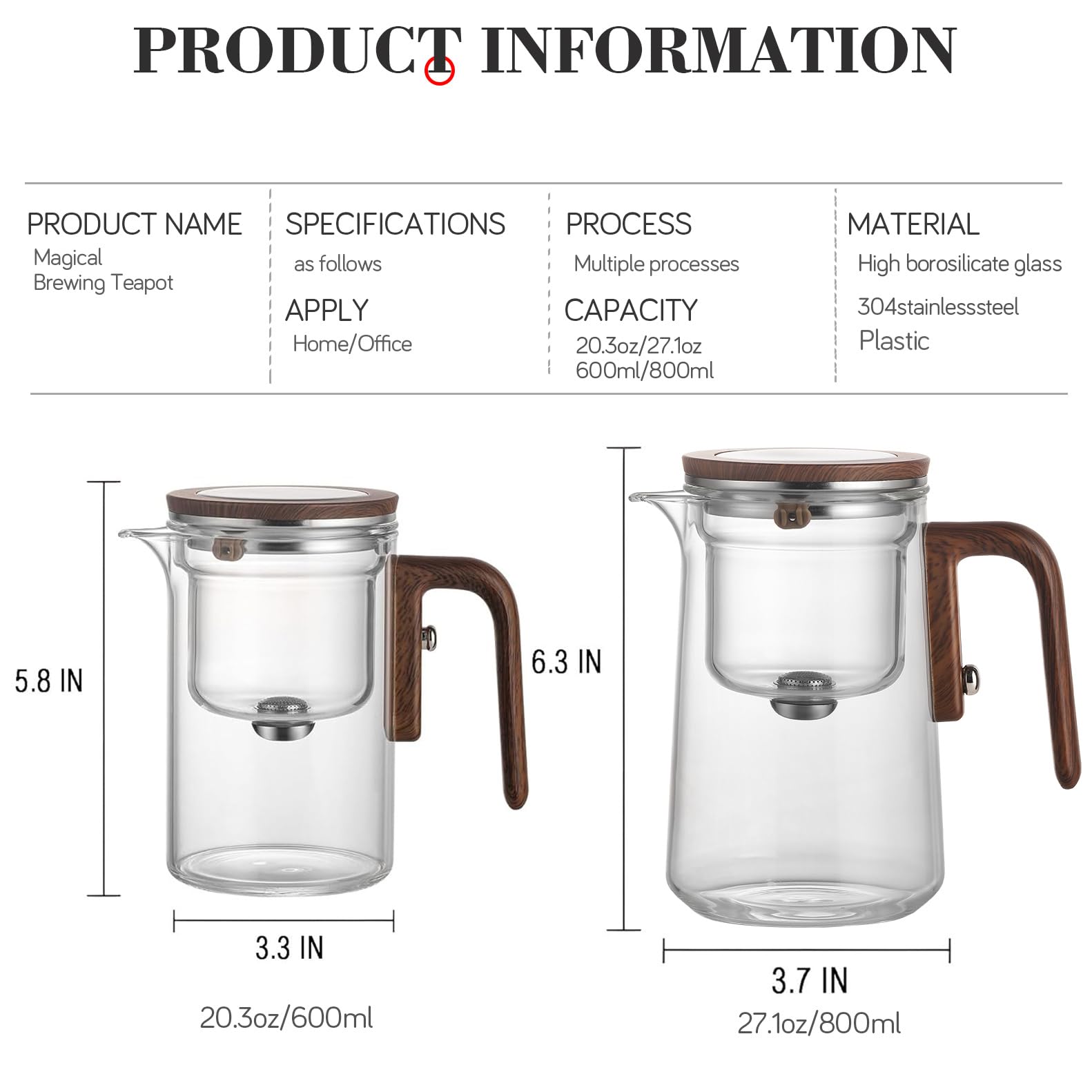 Enchant Tea Pot - 800 ml/27.1 oz Magic Witchcraft Enchanted Glass Teapot with Long Spout, Strainer, Wooden Handle, Magnetic Water Separation Design, for Loose Leaf, Flower & Herbal Teas: Enchanti Tea Pot - 600ml/20.3oz Witchcraft Magic Glass Teapot, Magnetic Water Separation Design, Borosilicate Infuser Pot with Strainer for Loose Leaf & Herbal Teas, Ideal for Tea Maker