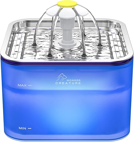Fuente de agua para gatos de cristal de acero inoxidable, fuente para mascotas de 101 oz3 L con luz LED para gatos y perros (azul)