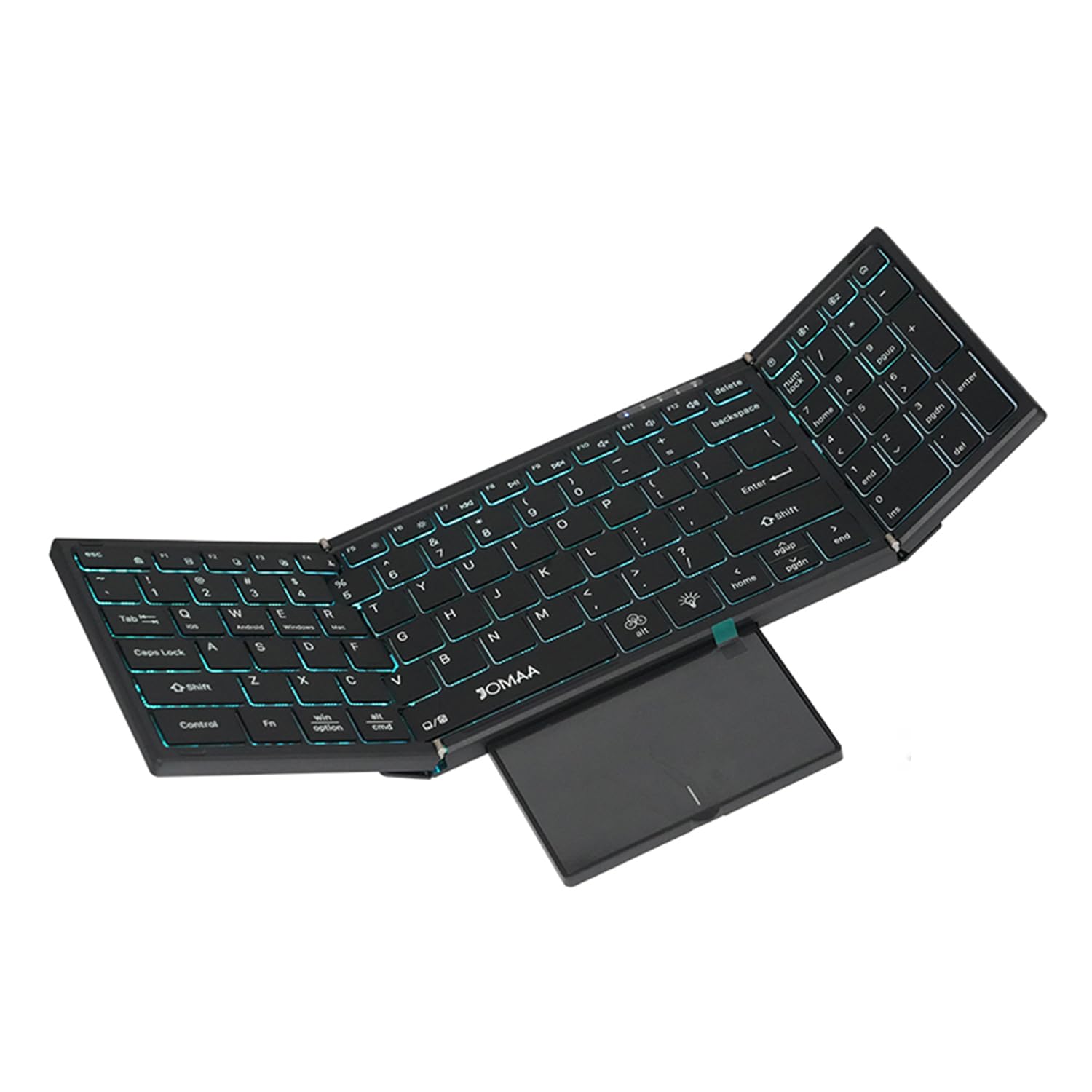 JOMAA Wireless Folding Keyboard unfolded with RGB backlight active and trackpad extended.