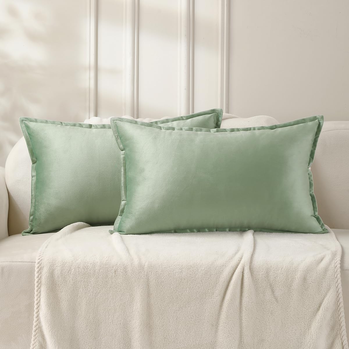 VAKADO Throw Pillow Covers 12x20 Set of 2 Sage Green Velvet Decor Decorative Couch Cushion Euro Pillowcases with Fringe Home Bed Decoration for Sofa