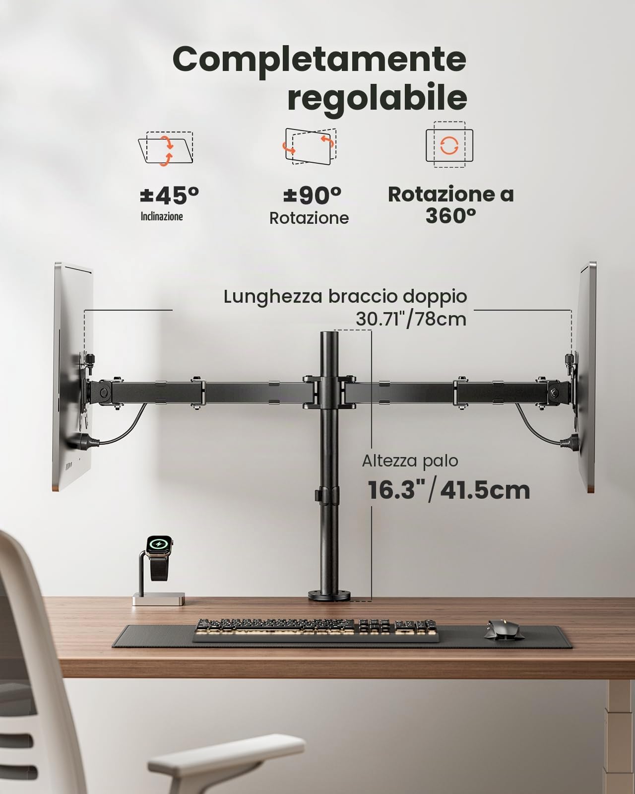 ErGear Supporto per doppio monitor, resistente, regolabile, per 2 schermi fino a 32 pollici, completamente regolabile in altezza, inclinabile, girevole, supporta 8 kg per braccio monitor, facile
