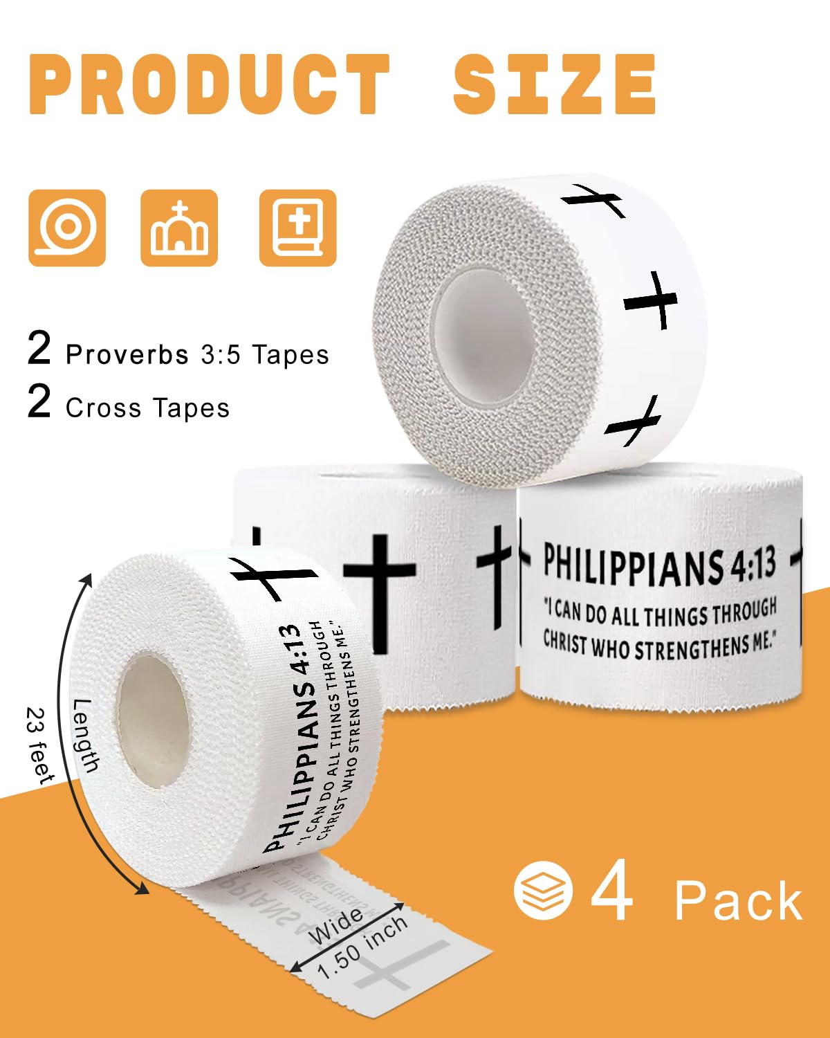 Yigney 4 Pack Christian Athletic Tapes Religious Sport Tape Bible Verse Wrist Tape Cross White Tape for Sports Gymnastics Tennis 1.5IN X 23FT