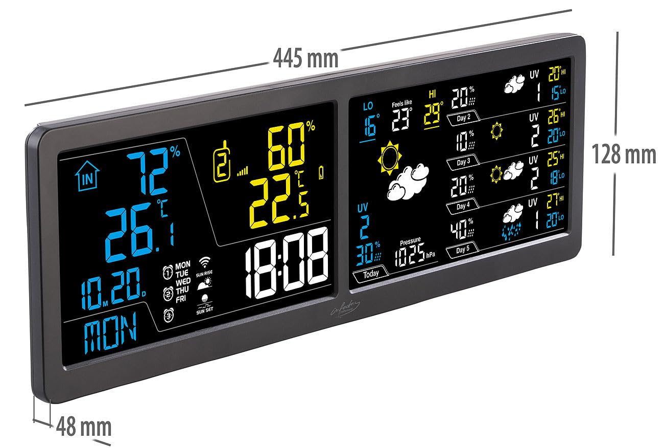 infactory Wanduhr: WLAN-Funk-Wetterstation mit Widescreen-VA-Display, Außensensor und App (Farbwetterstation, Luftfeuchtigkeitmessgerät, Frost)
