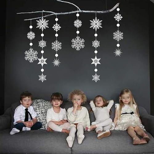 Miniatura 7 de Decor365 Guirnalda de copos de nieve de invierno, decoraciones de invierno del país de las maravillas, guirnaldas blancas de copos de nieve,