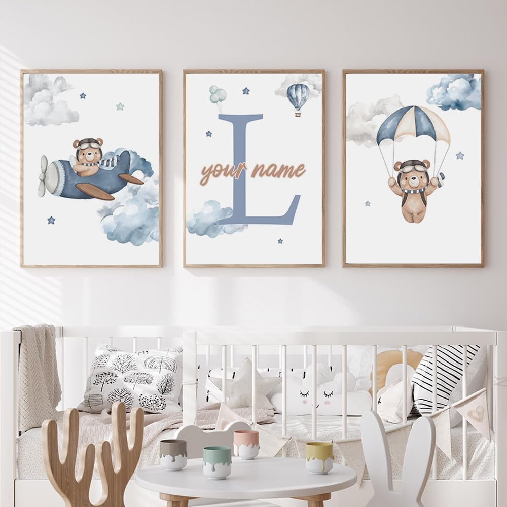 3 Affiche Chambre Bébé Nounours 30X40CM Poster Bleu Enfant Tableau Personnalisé Prenom Garcon Toile Decoration Chambre Bebe Poster Ourson Bebe Cadeau sans Cadre