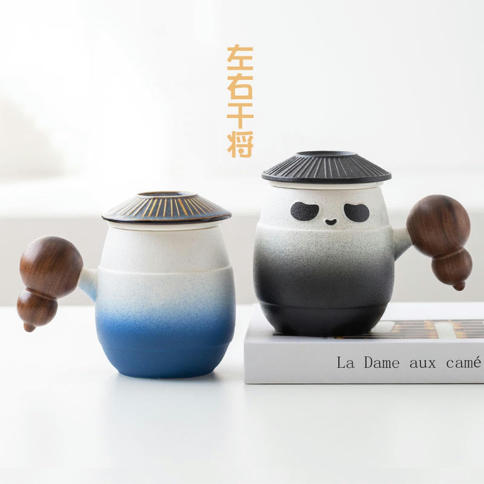 CAPIJIONG Bureau en céramique de 300ml/10 oz avec couverture, fabrication de thé, séparation du thé, filtre personnel, tasse de panda, tasse d'amoureux pour le bureau-boîte-cadeau - bleu-301-400ml