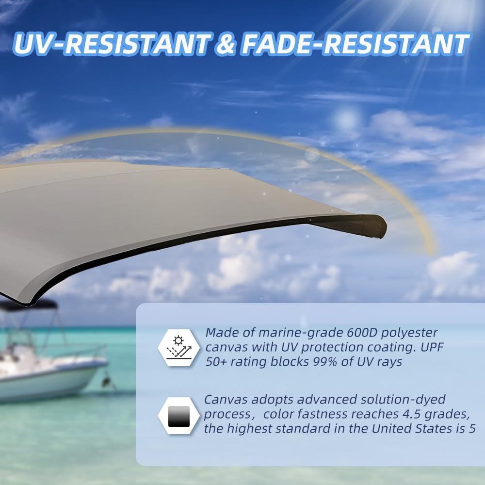 3 Bow Bimini Top Replacement Cover,  Polyester Waterproof Sun Shade Boat Canopy, Easy Install Zipper Sleeves Boat Awning/Without Frame,Gray 6