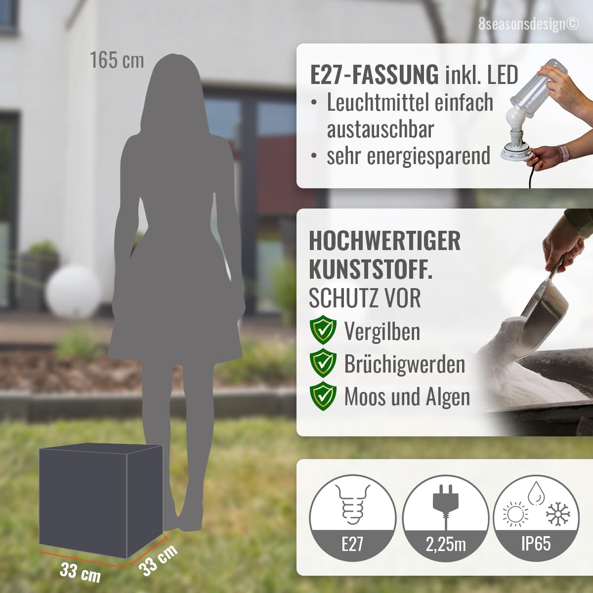 8 seasons design LED Würfel 33 cm, Shining Cube (Anthrazit) E27-Fassung, Leuchtmittel warmweiß – wetterfest – Leuchtwürfel für außen (Garten, Terrasse, Balkon) und innen – Beistelltisch, Hocker