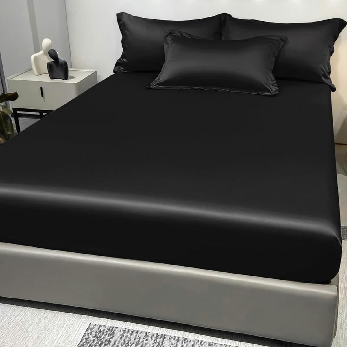 Drap-housse en satin 138x190 cm noir, couvre-lit soie glacée uni