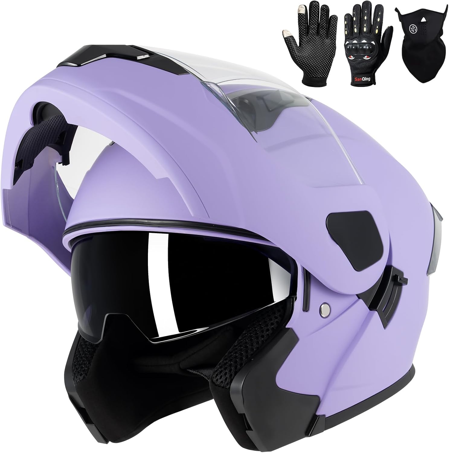 Adult Modular Motorcycle Helmets, DOT Approved Flip up Dual Visor Full Face Helmet for Men Women Moto ATV UTV Snowmobile ADV Four Wheeler Street Bike with Gloves & Mask Large Purple