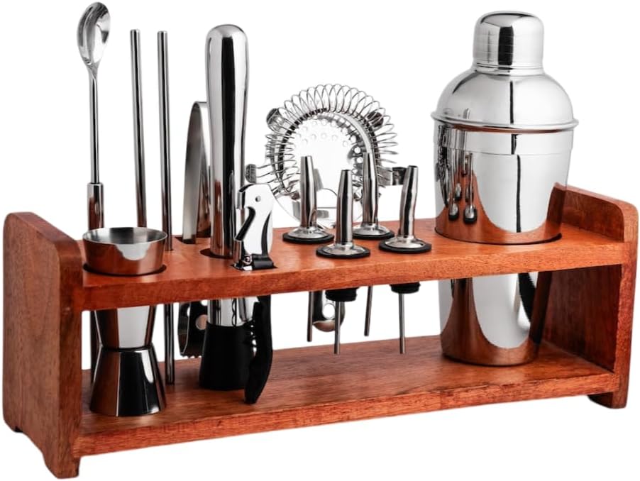 14-Piece Premium Cocktail Shaker Set with Wood Stand Mixology Bartender Kit for Home and Bar, Professional Mixer Tools for Craft Cocktail, Whiskey Elegant Barware Collection & Gift Set