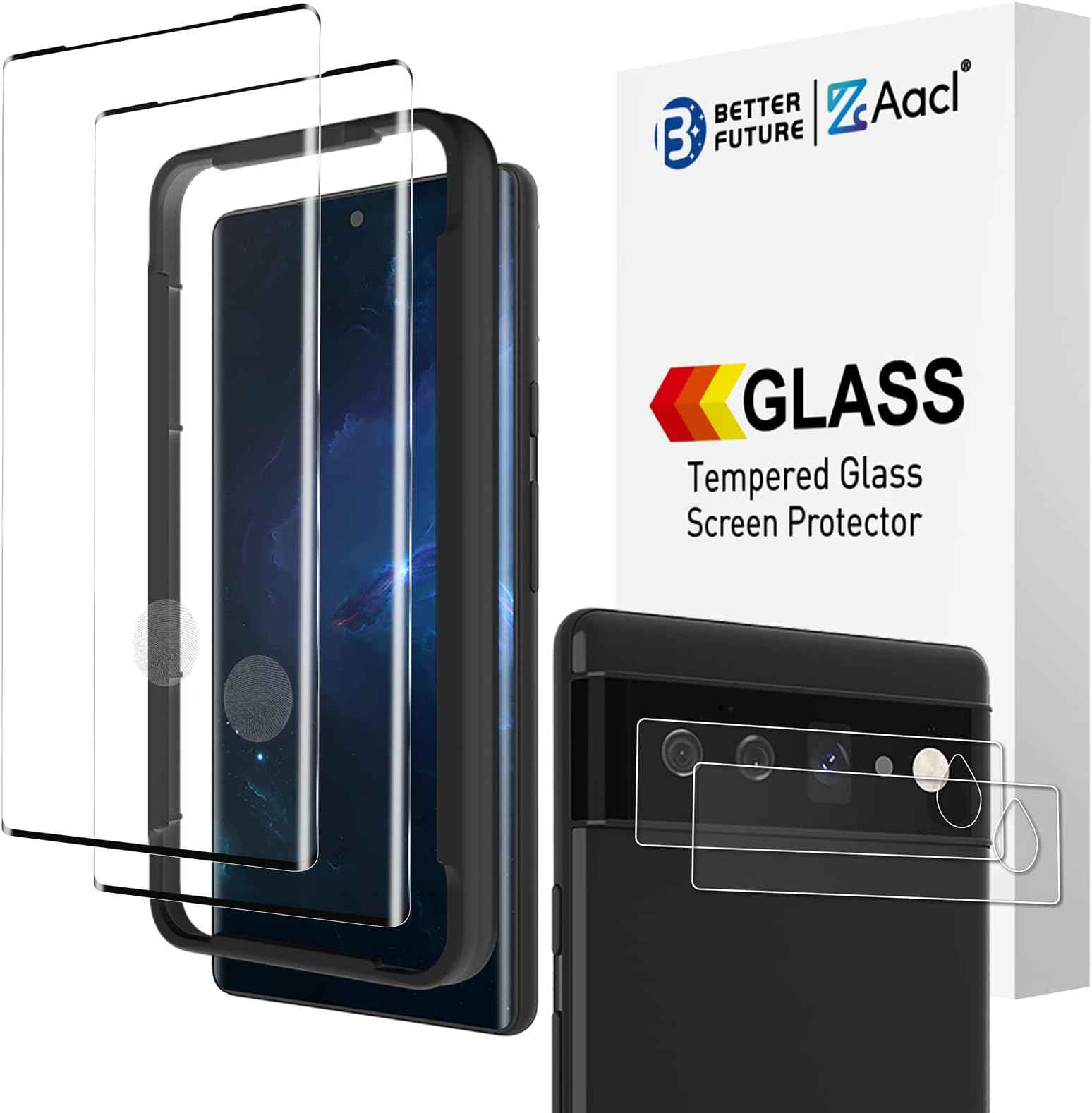 [Fingerprint Compatible] 2 Pack 3D Tempered Glass for Google Pixel 6 Pro Screen Protector + 2 Pack Camera Lens Protector, [Fingerprint Unlock][Anti-Scratch][Work with Case]