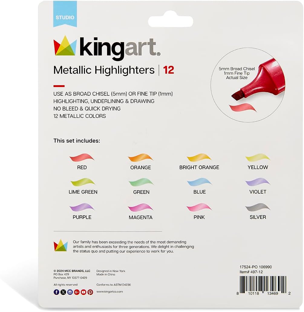 KINGART Highlighters 12 Metallic Colors, Dual-tipped: Chisel and Fine - Modern Marking Pens for Writing, Paper, Water Resistant, Translucent Ink, Sketchbook Friendly