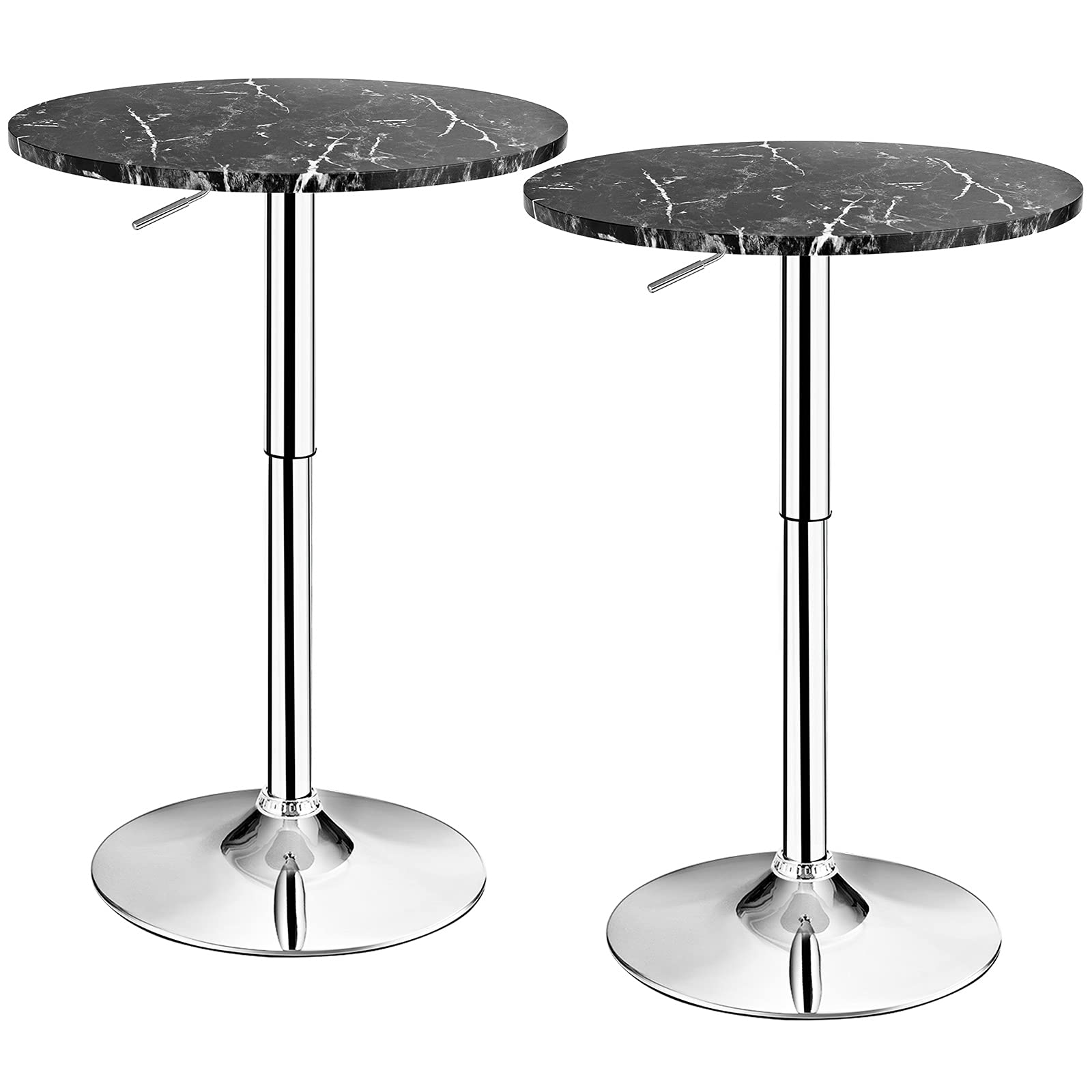 COSTWAY 60cm Round Marble Bar Table, Height Adjustable & 360ยฐ Swivel Counter Pub Tables with Sliver Base and Non-slip Rubber Ring, Bistro Cocktail Table for Home Office Dining Room Kitchen (2, Black)