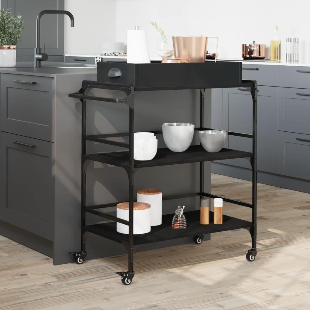 Kitchen Trolley Black Engineered Wood 32.1"x16.1"x36.4" Rolling Kitchen Cart with Wheels Durable Kitchen Storage Cart and Mobile Cart for Food and Utility Use